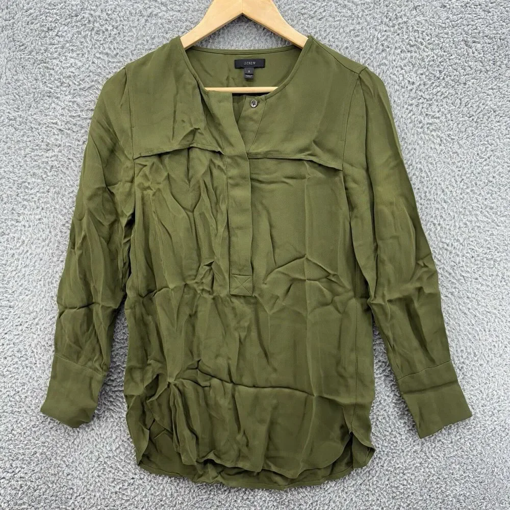 J. Crew 1/2 Button Oxford Shirt Size 2 Green Womens‎ Blouse 100% Viscose L/S Top